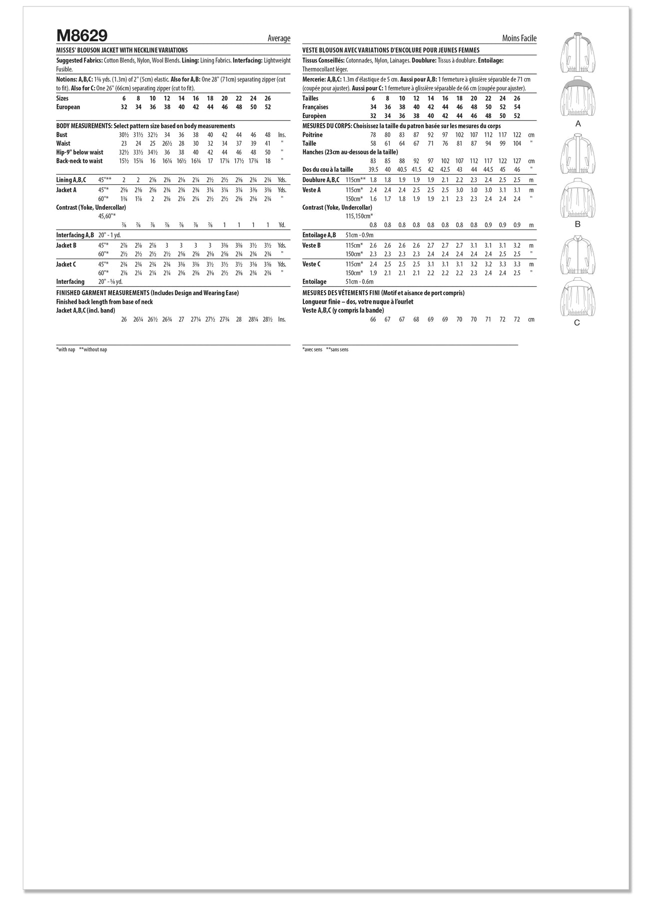 Simplicity Pattern 8629 Misses' Blouson Jacket with Neckline Variations