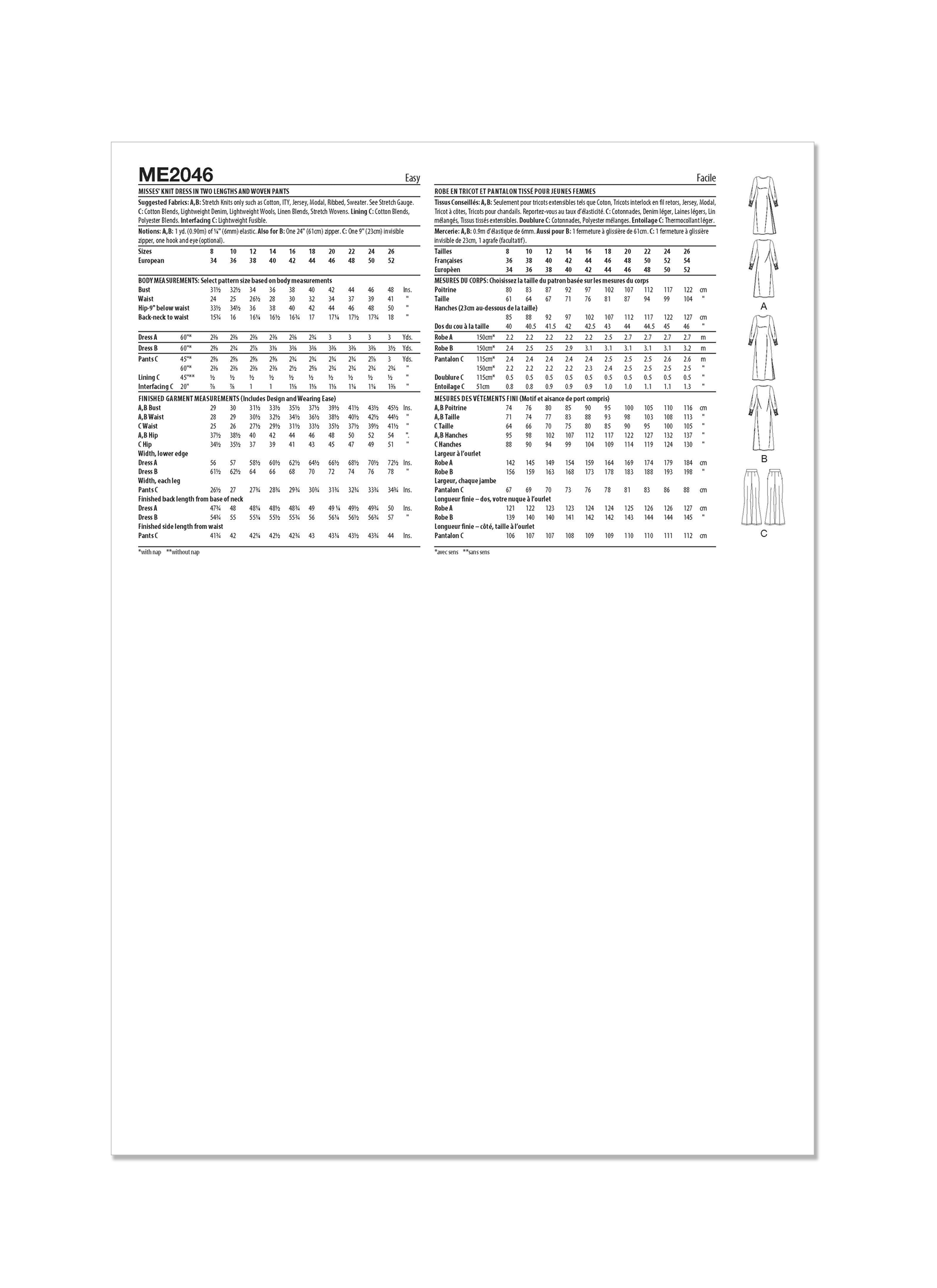 KnowMe Pattern Me2046 Misses' Knit Dress In Two Lengths and Woven Pants