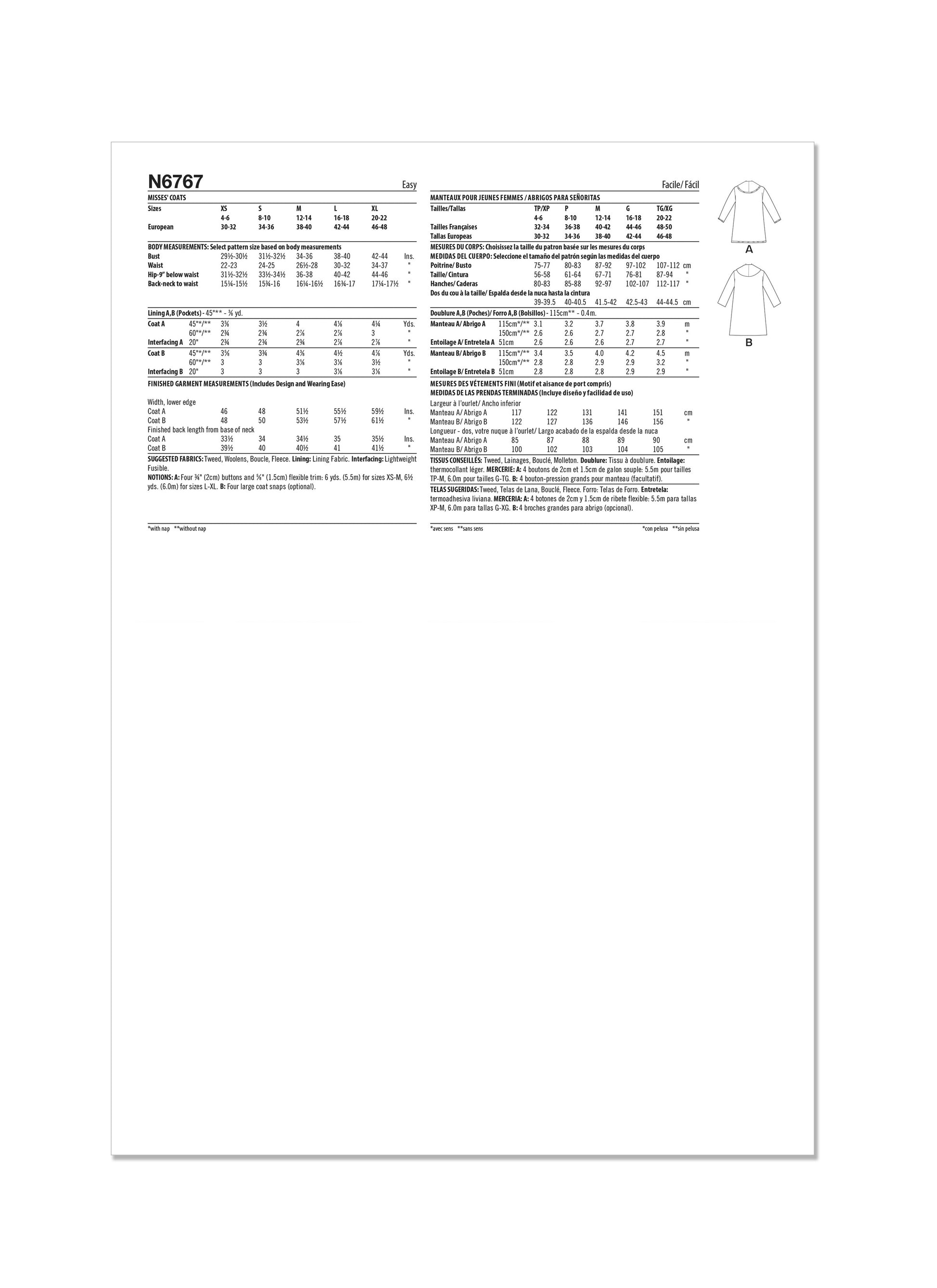 Newlook Pattern 6767 Misses' Jacket Coat