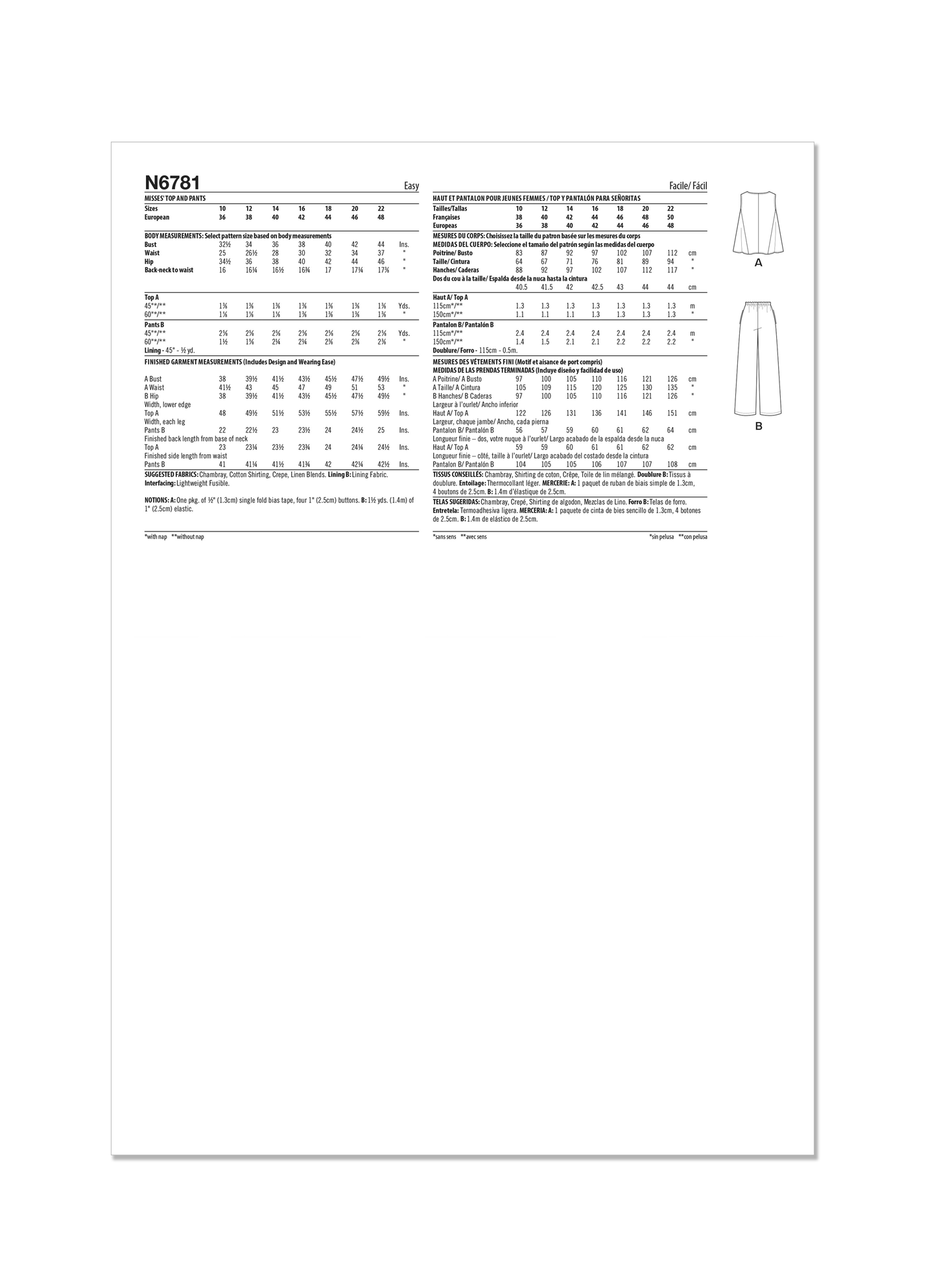 Newlook Pattern 6781 Misses' Top and Pants