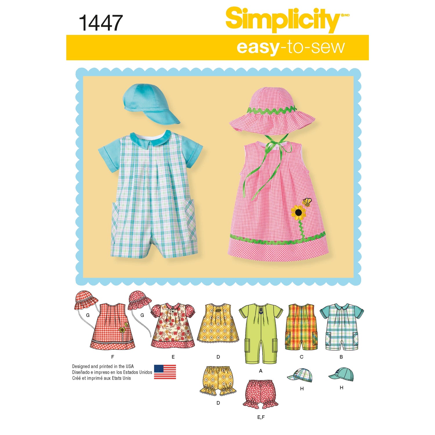 Simplicity Pattern 1447 Babies' Romper, Dress, Top, Panties and Hats