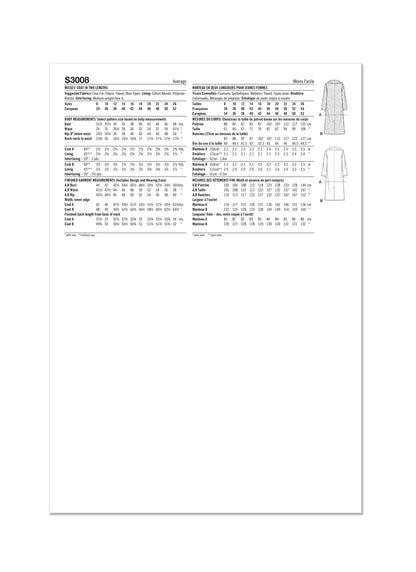 Simplicity Sewing Pattern S3008 Misses' Coat In Two Lengths