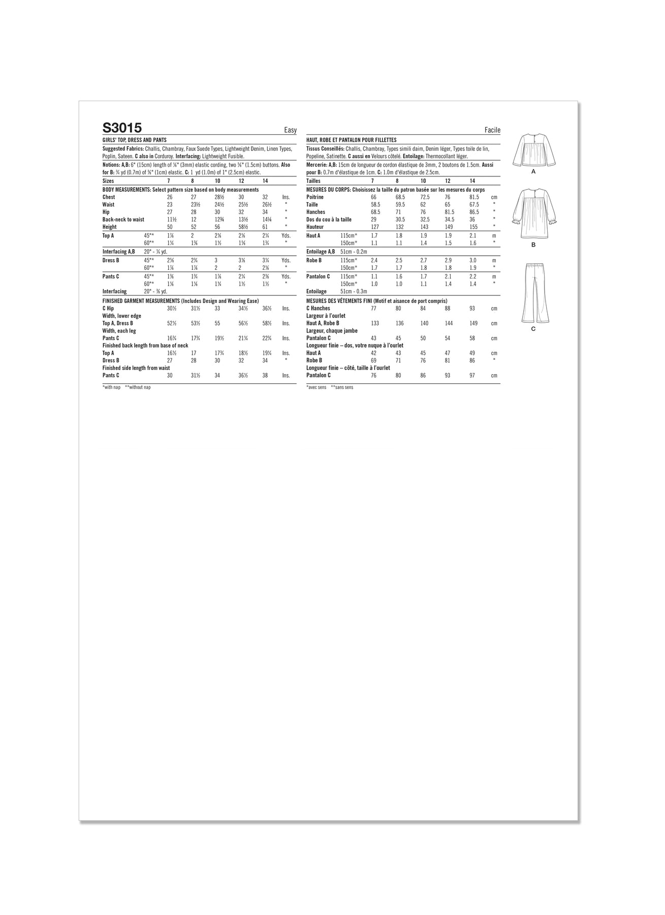 Simplicity Sewing Pattern 3015 Girls' Top, Dress and Pants