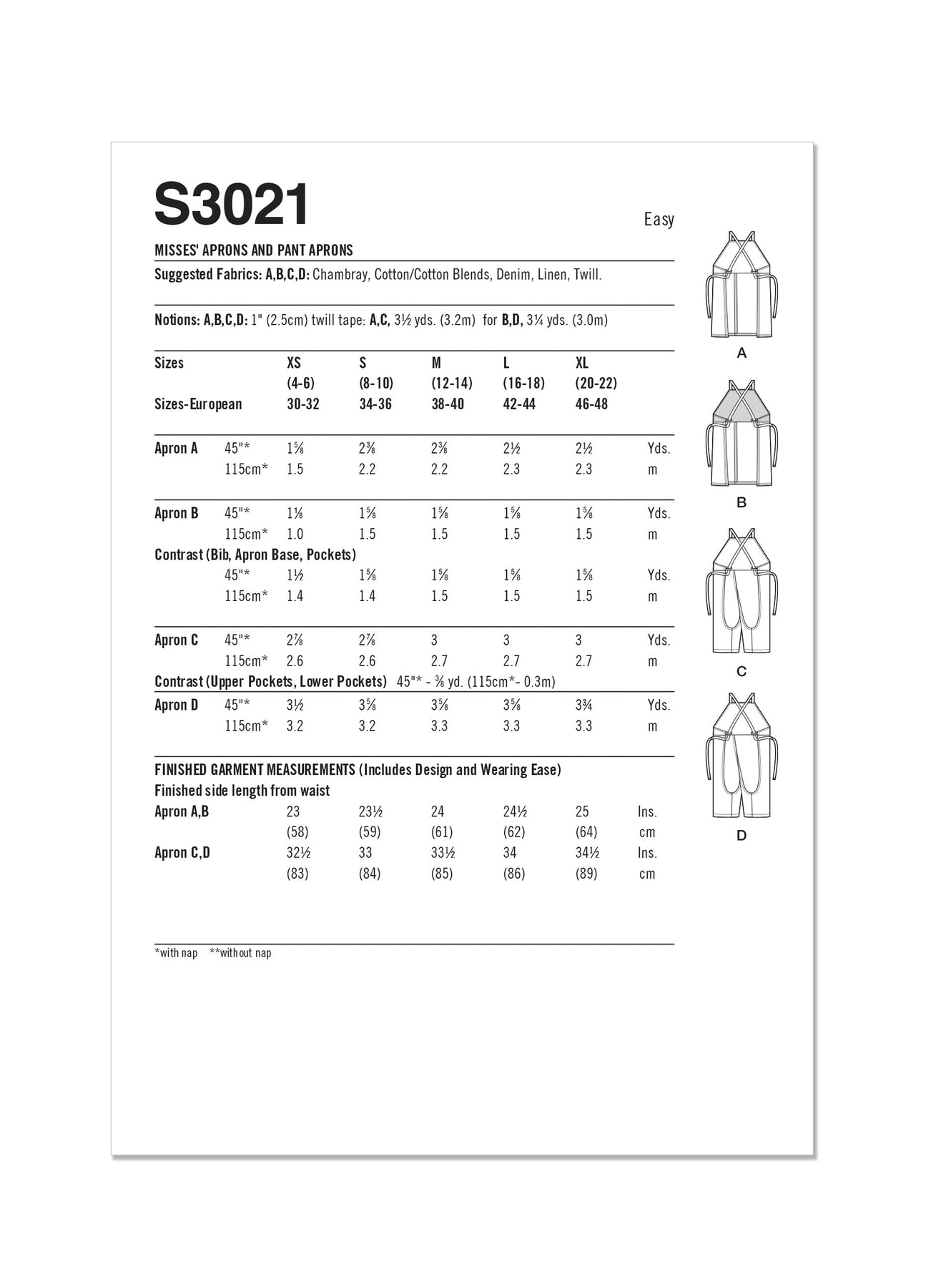 Simplicity Sewing Pattern 3021 Misses' Aprons and Pant Aprons