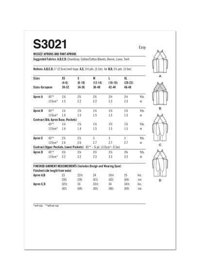 Simplicity Sewing Pattern 3021 Misses' Aprons and Pant Aprons