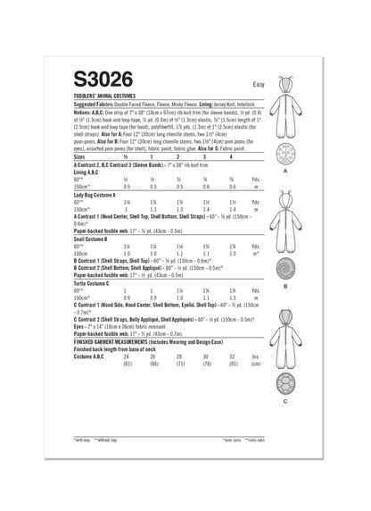 Simplicity Sewing Pattern S3026 Toddlers’ Animal Costumes