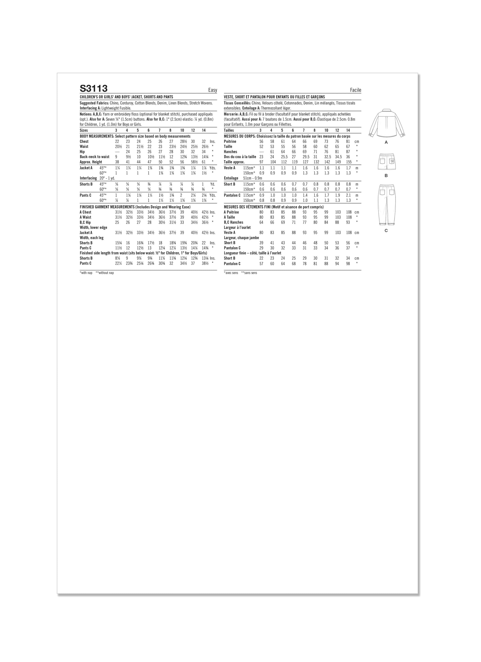 Simplicity Pattern S3113 Children's or Girls' and Boys' Jacket, Shorts and Pants
