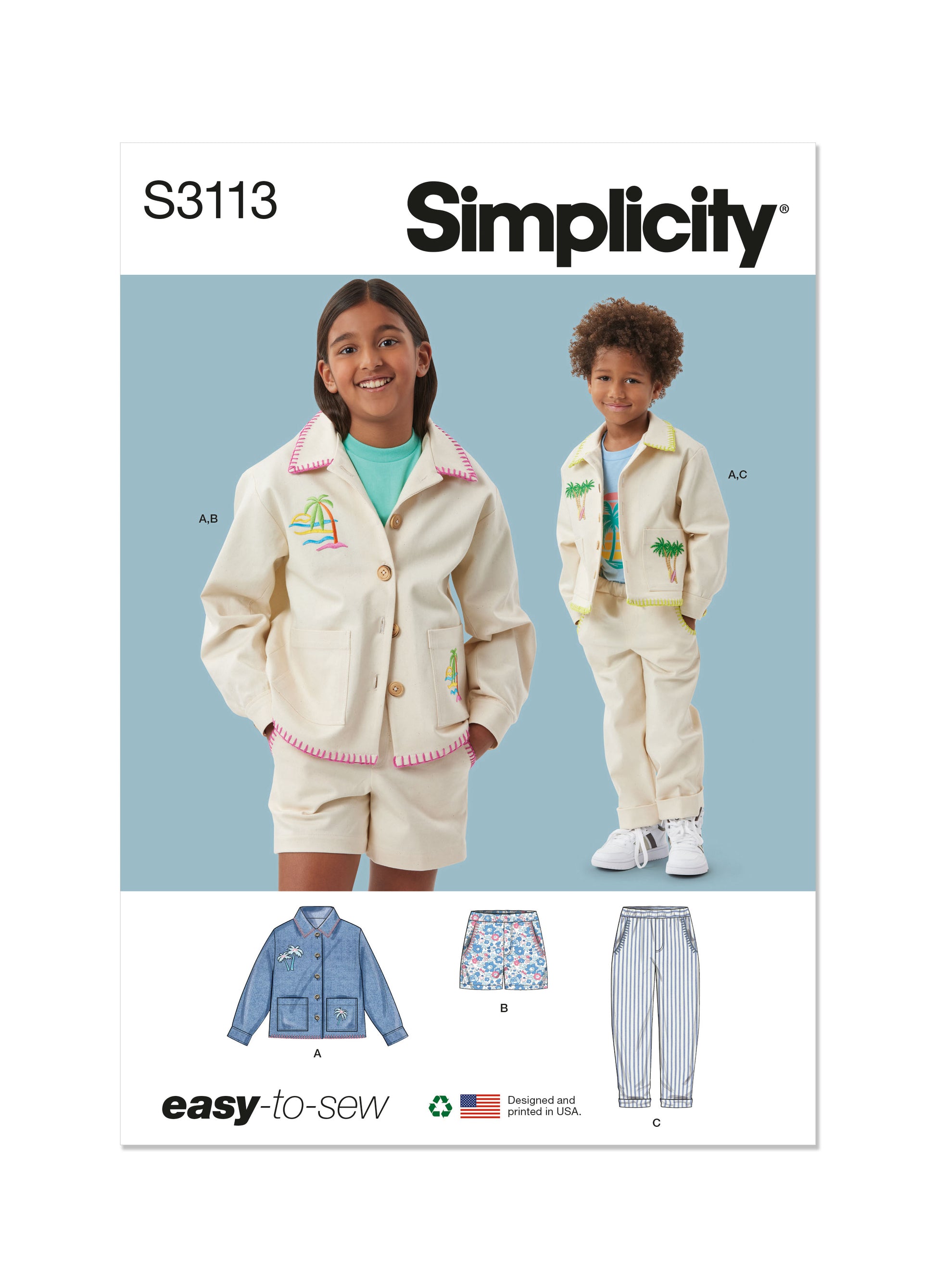 Simplicity Pattern S3113 Children's or Girls' and Boys' Jacket, Shorts and Pants