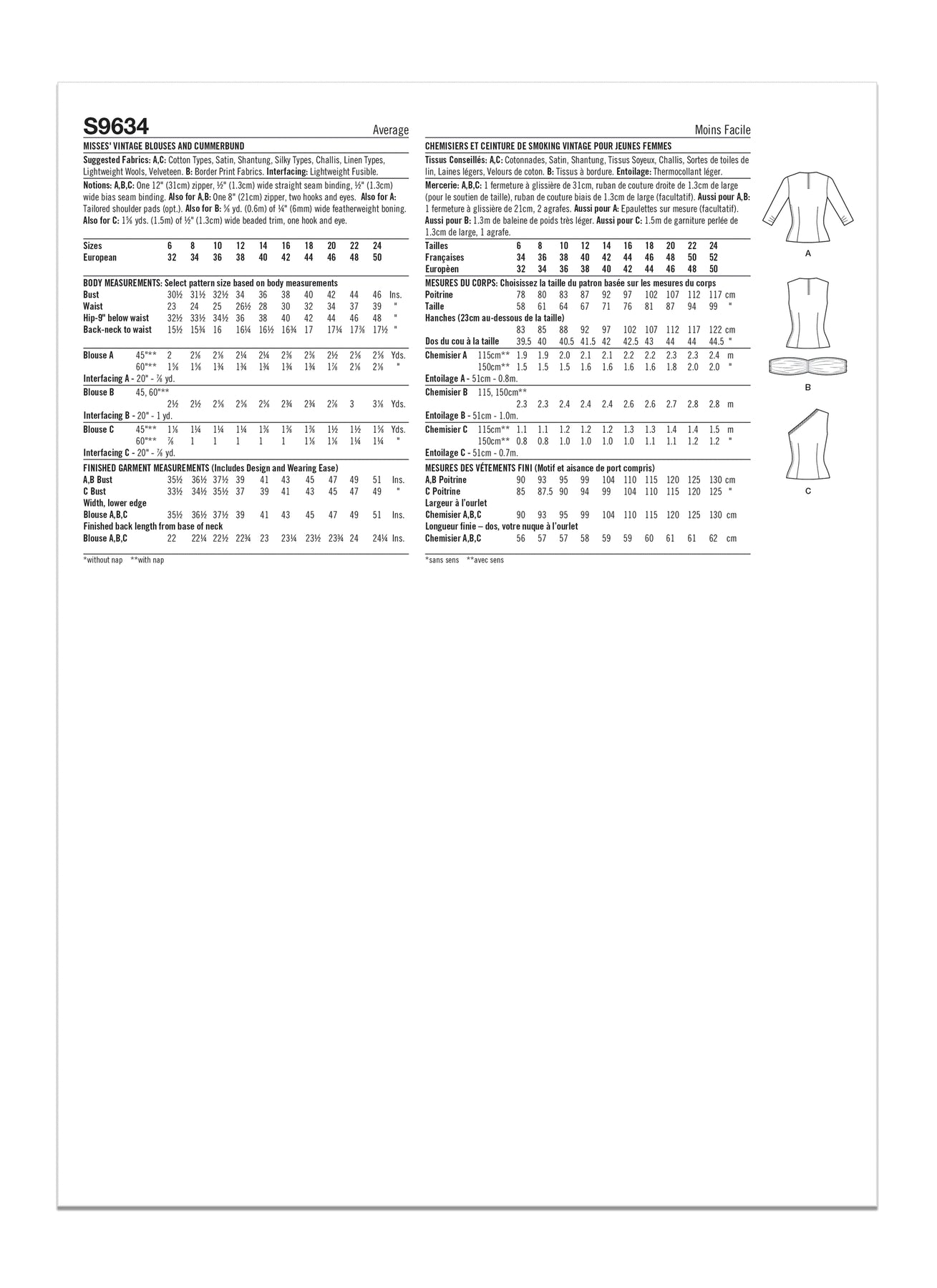 Simplicity Pattern S9634h Misses' Vintage Blouses and Cummerbund