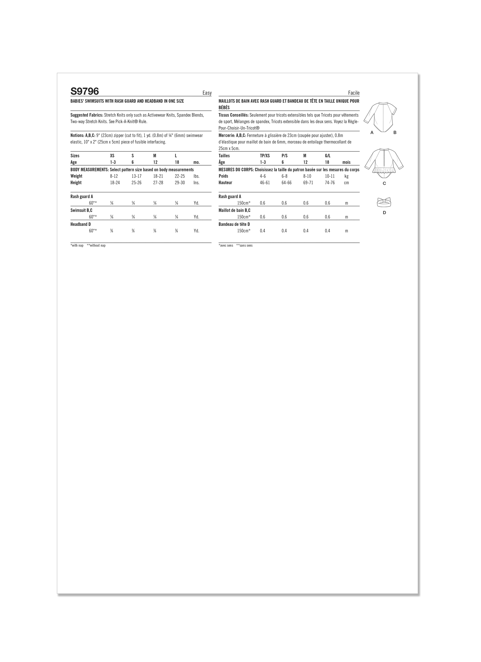 Simplicity Pattern 9796 Babies' Swimsuits with Rash Guard and Headband in One Size