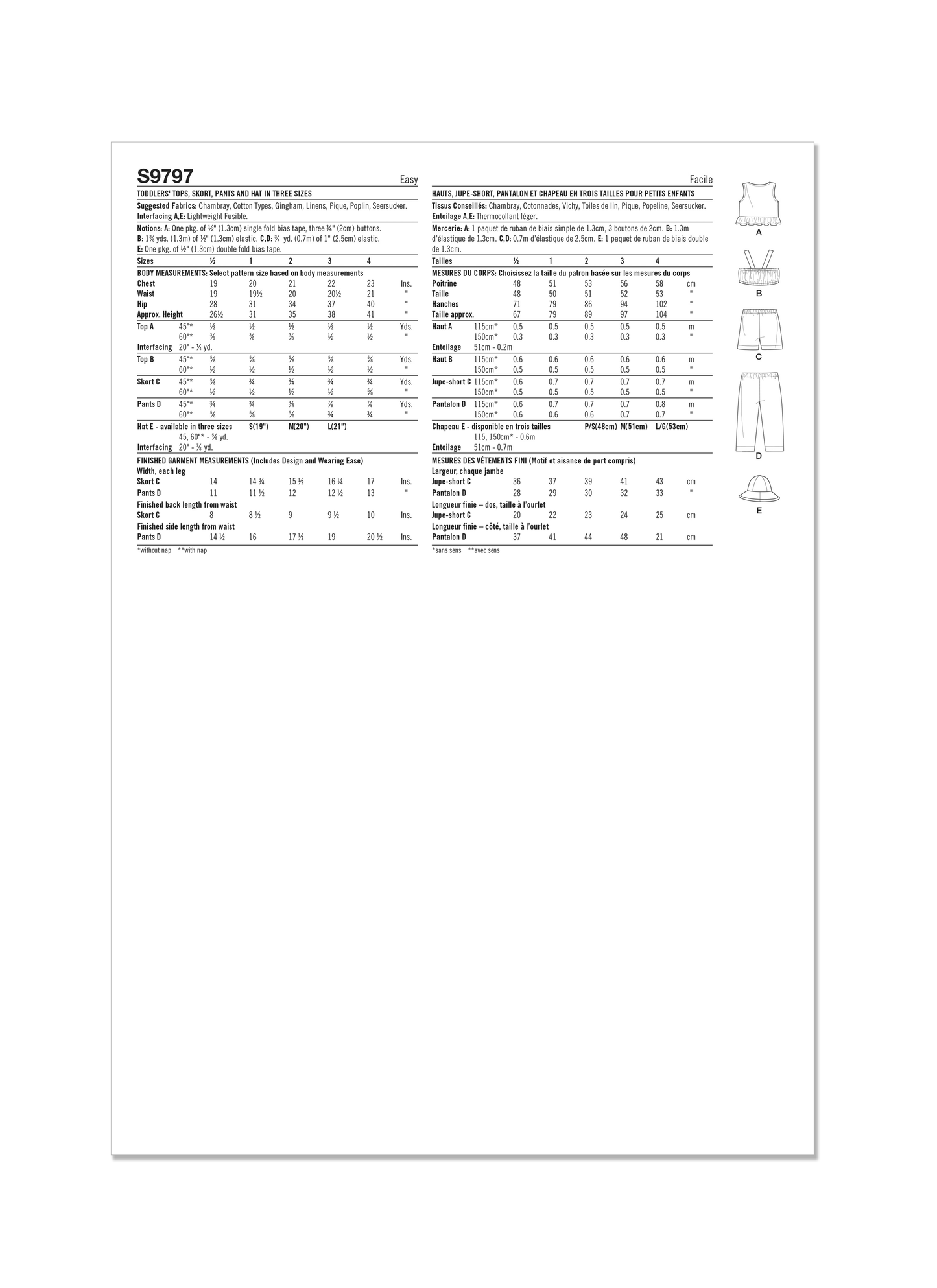 Simplicity Pattern 9797 Toddlers' Tops, Skort, Pants and Hat in Three Sizes