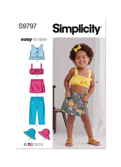 Simplicity Pattern 9797 Toddlers' Tops, Skort, Pants and Hat in Three Sizes