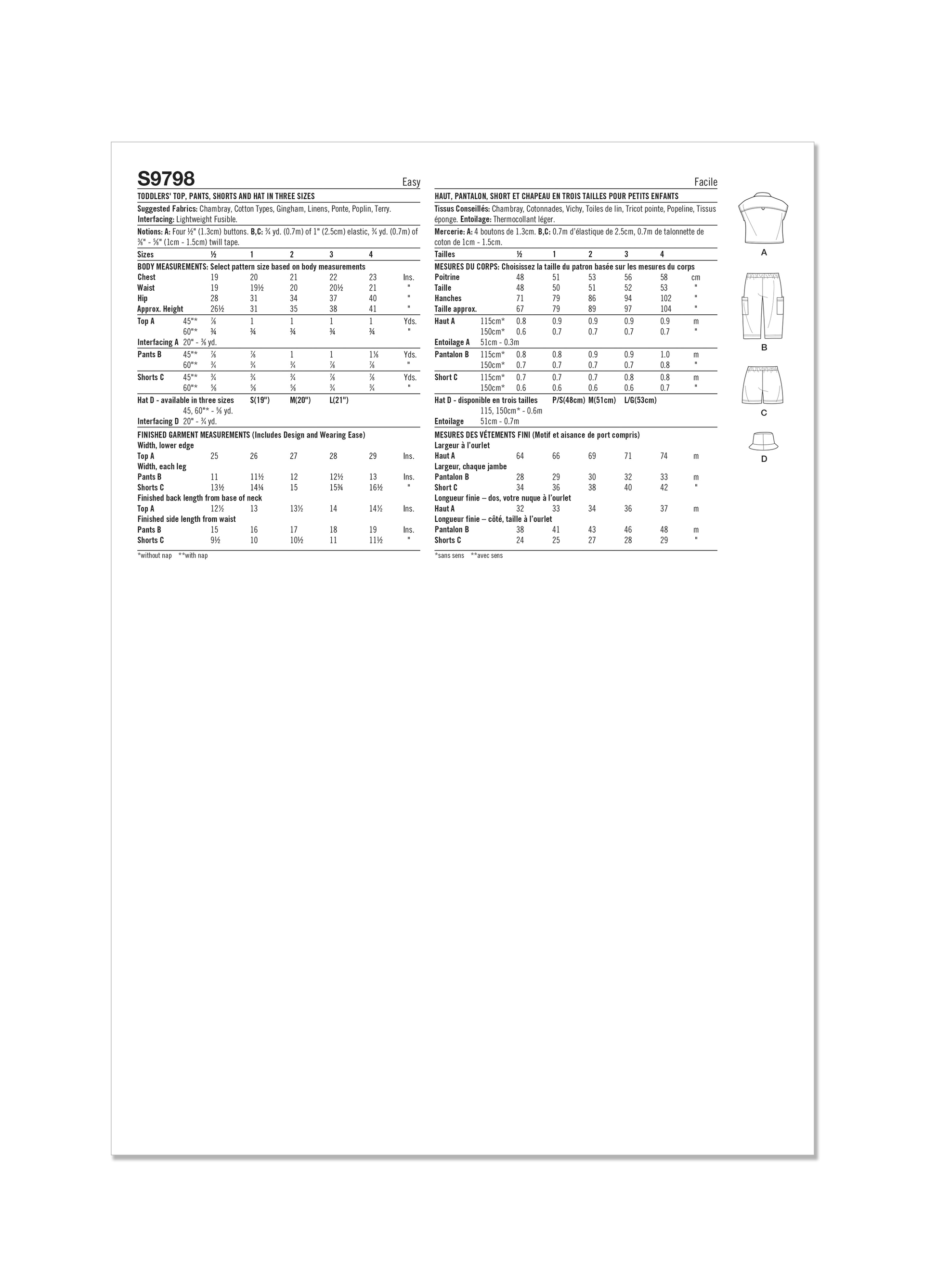 Simplicity Pattern 9798 Toddlers' Top, Pants, Shorts and Hat in Three Sizes