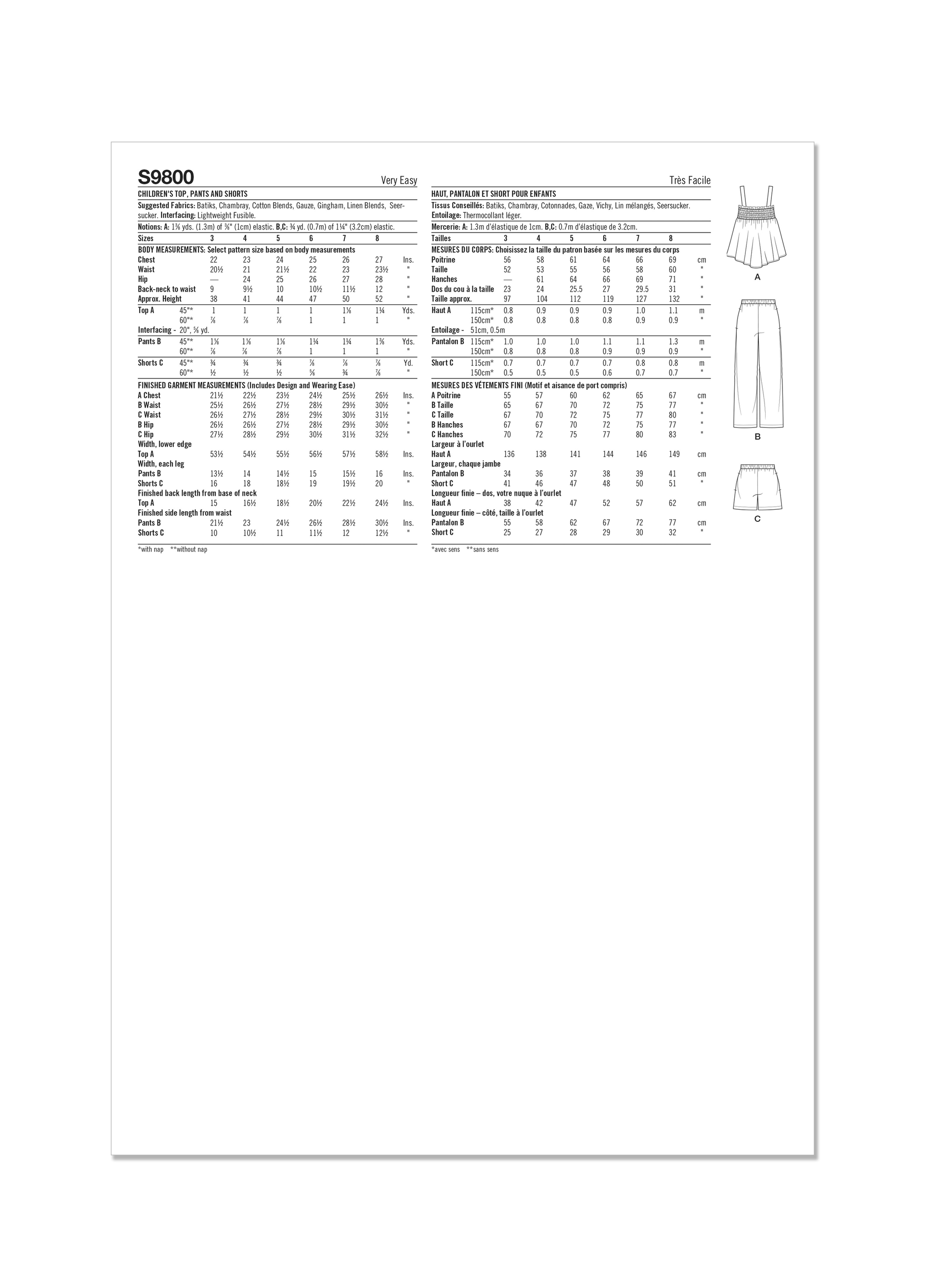 Simplicity Pattern 9800 Children's Top, Pants and Shorts
