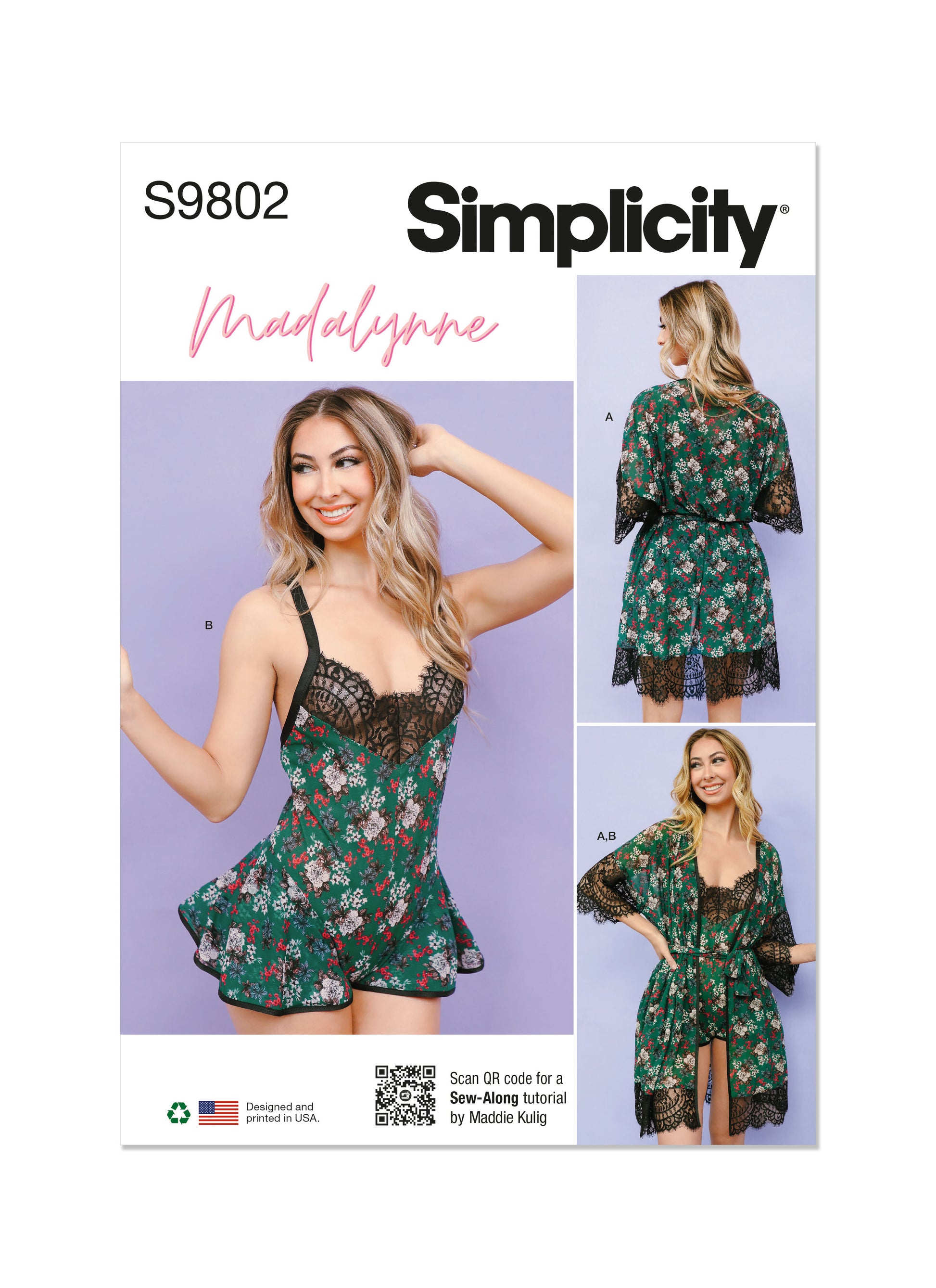 Simplicity Pattern 9802 Misses' and Women's Robe with Belt and Teddy Lingerie