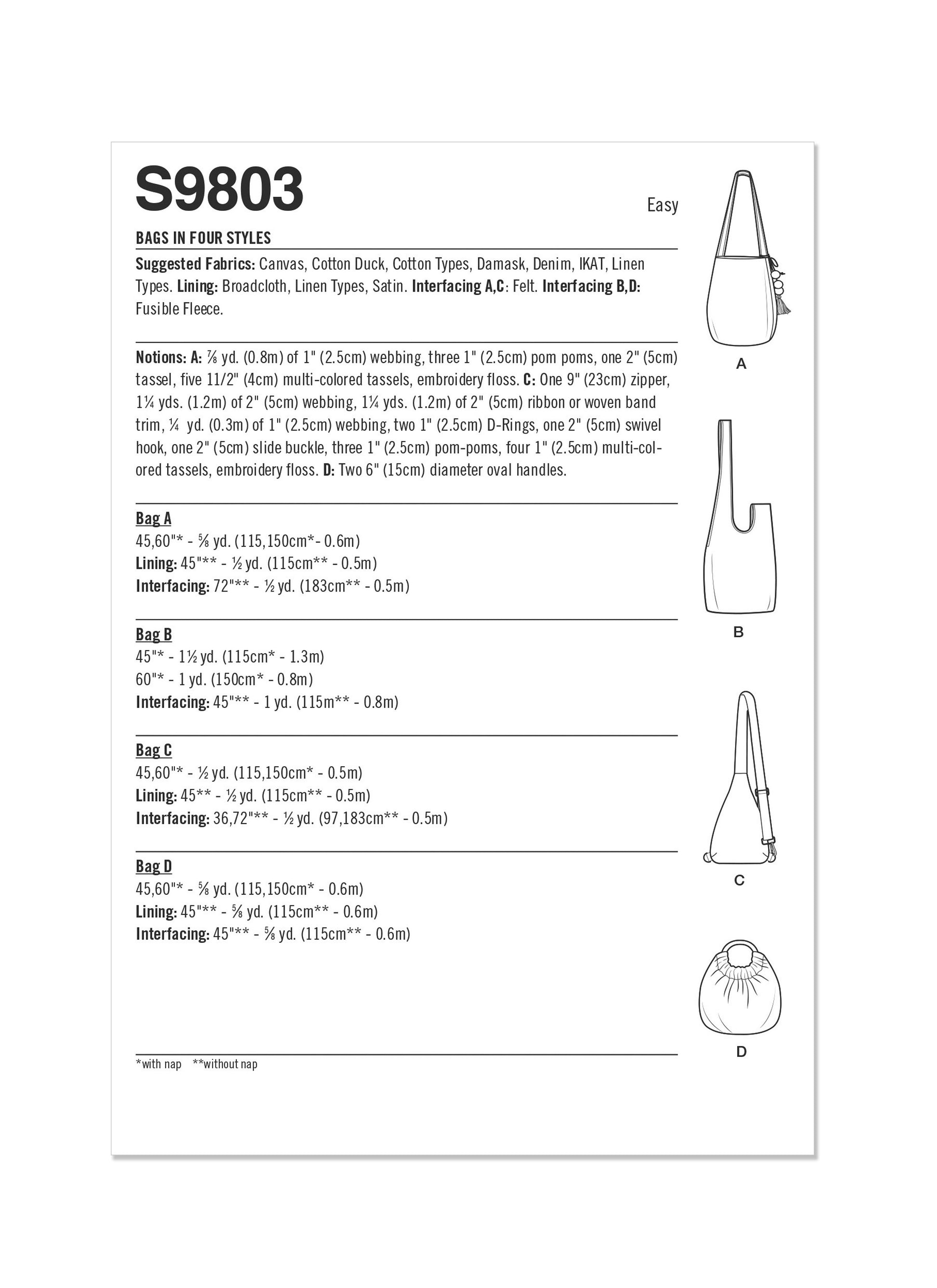 Simplicity Pattern 9803 Bags in Four Styles