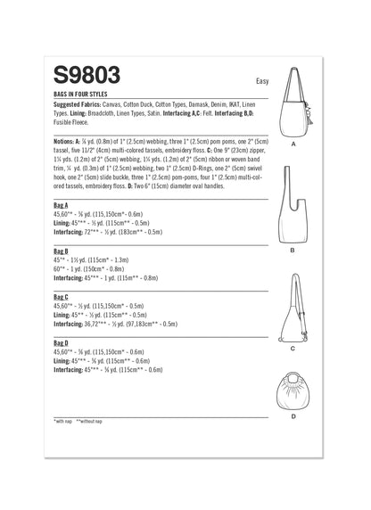 Simplicity Pattern 9803 Bags in Four Styles