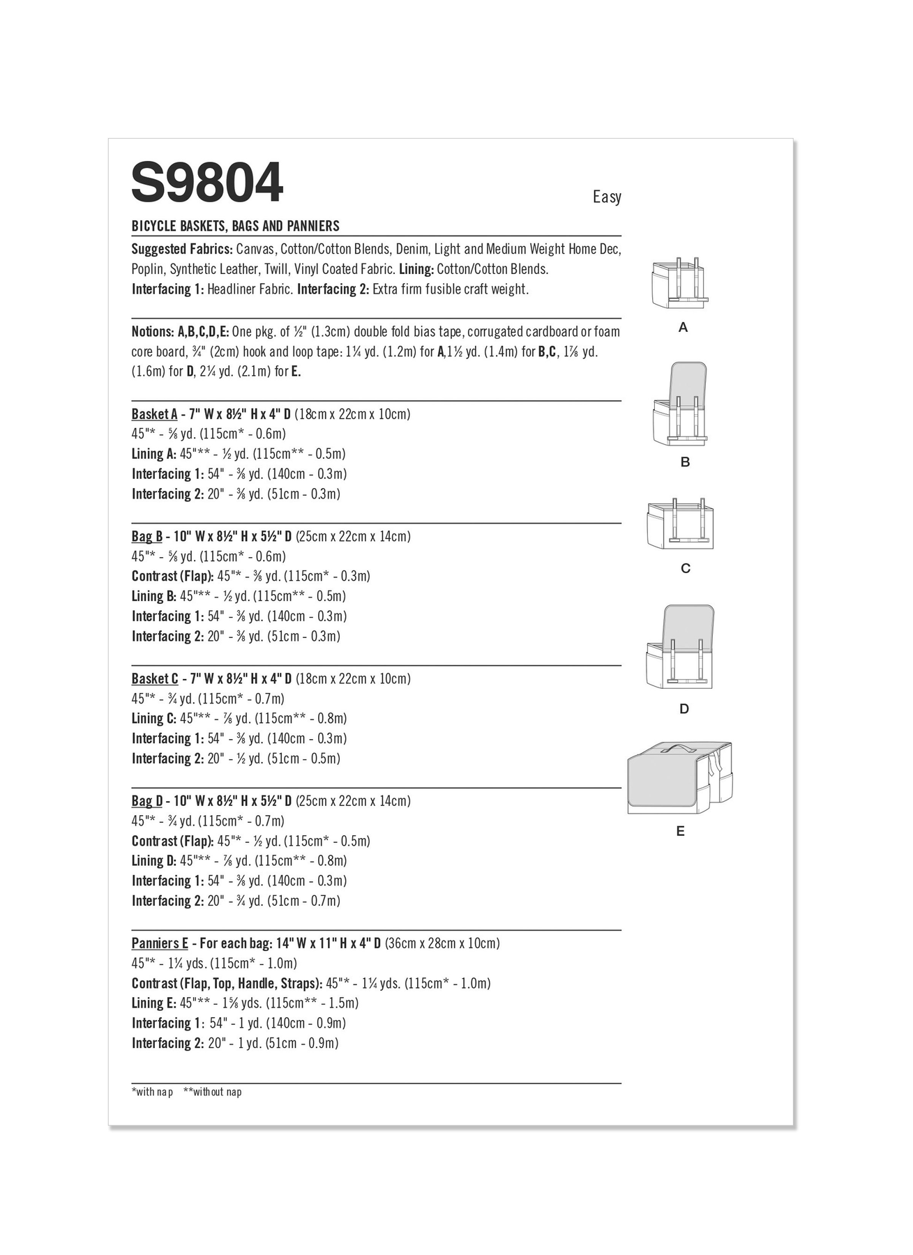 Simplicity Pattern S9804 Bicycle Baskets, Bags and Panniers