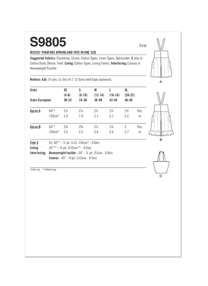 Simplicity Pattern 9805 Misses' Pinafore Aprons and Tote