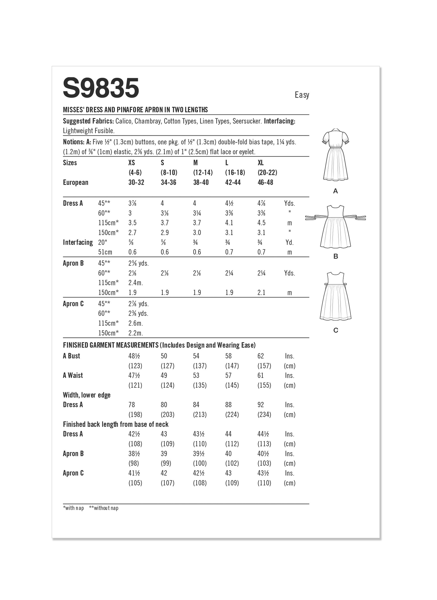 Simplicity Pattern 9835 Misses' Dress and Pinafore Apron In Two Lengths