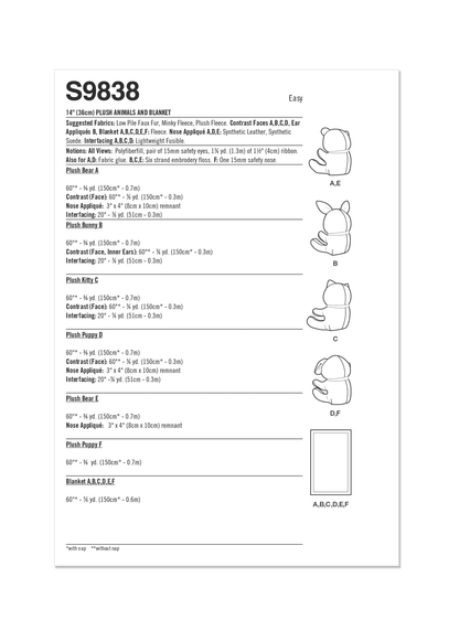 Simplicity Pattern 9838 Plush Animals and Blanket