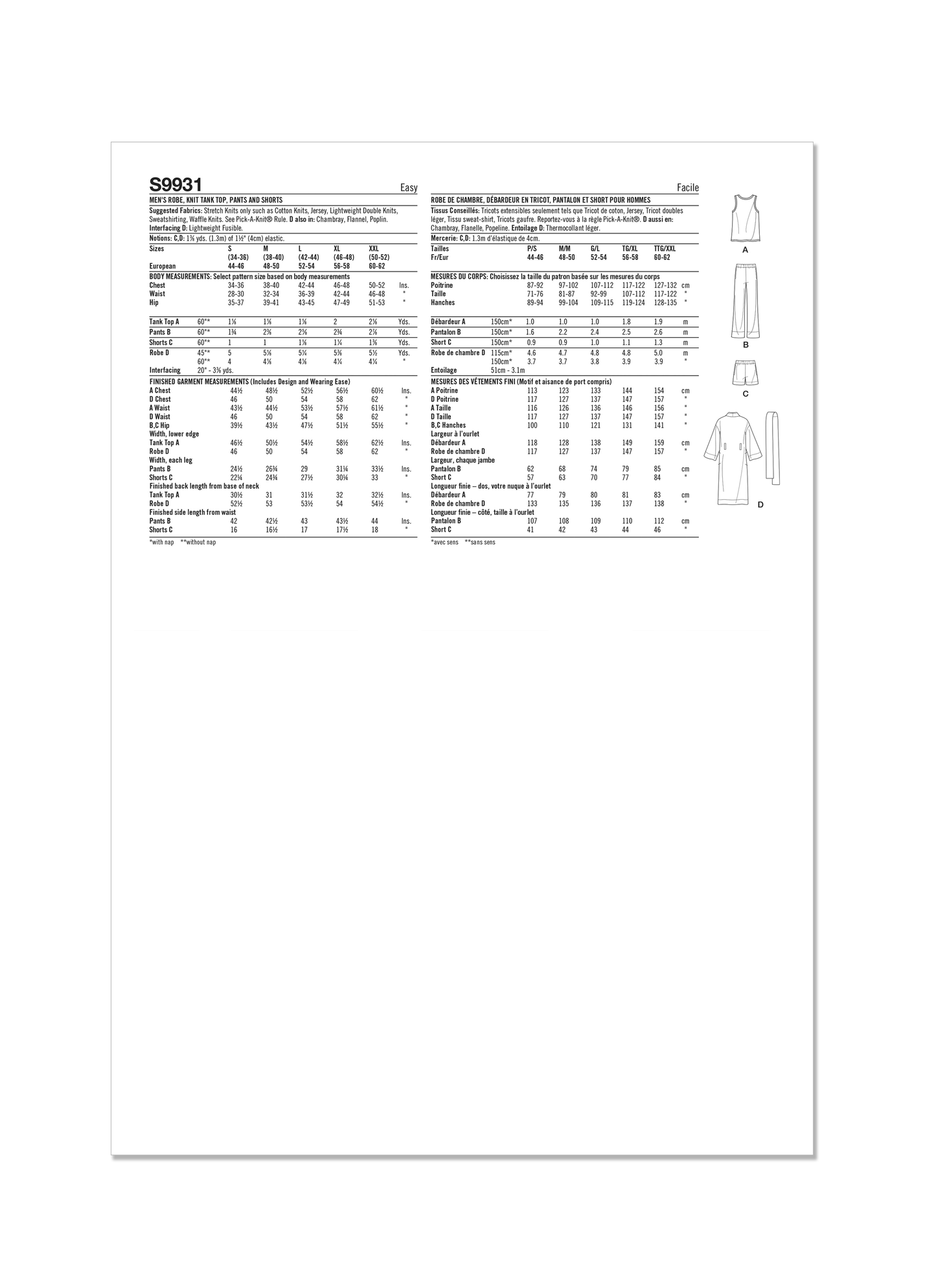 Simplicity Patte9931rn 9931 Men's Robe, Knit Tank Top, Pants and Shorts