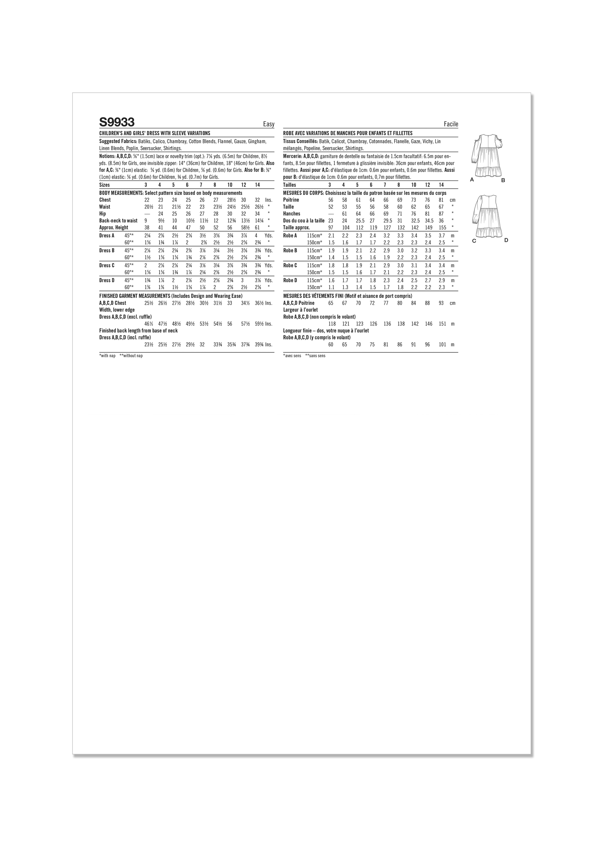 Simplicity Pattern 9933 Children's and Girls' Dress with Sleeve Variations