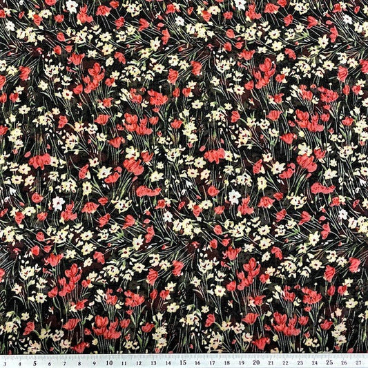 Twill Chiffon Fabric, Black Floral- 140cm