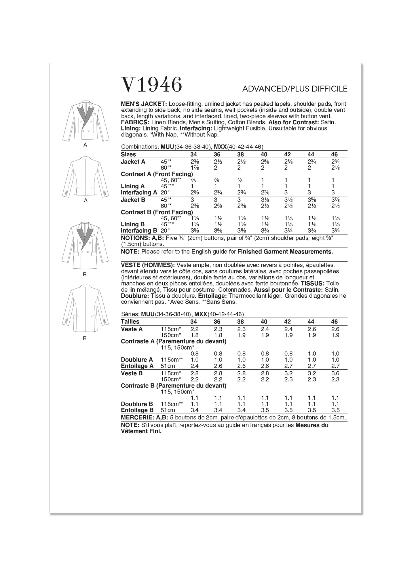 Vogue V1946 Men's Jacket