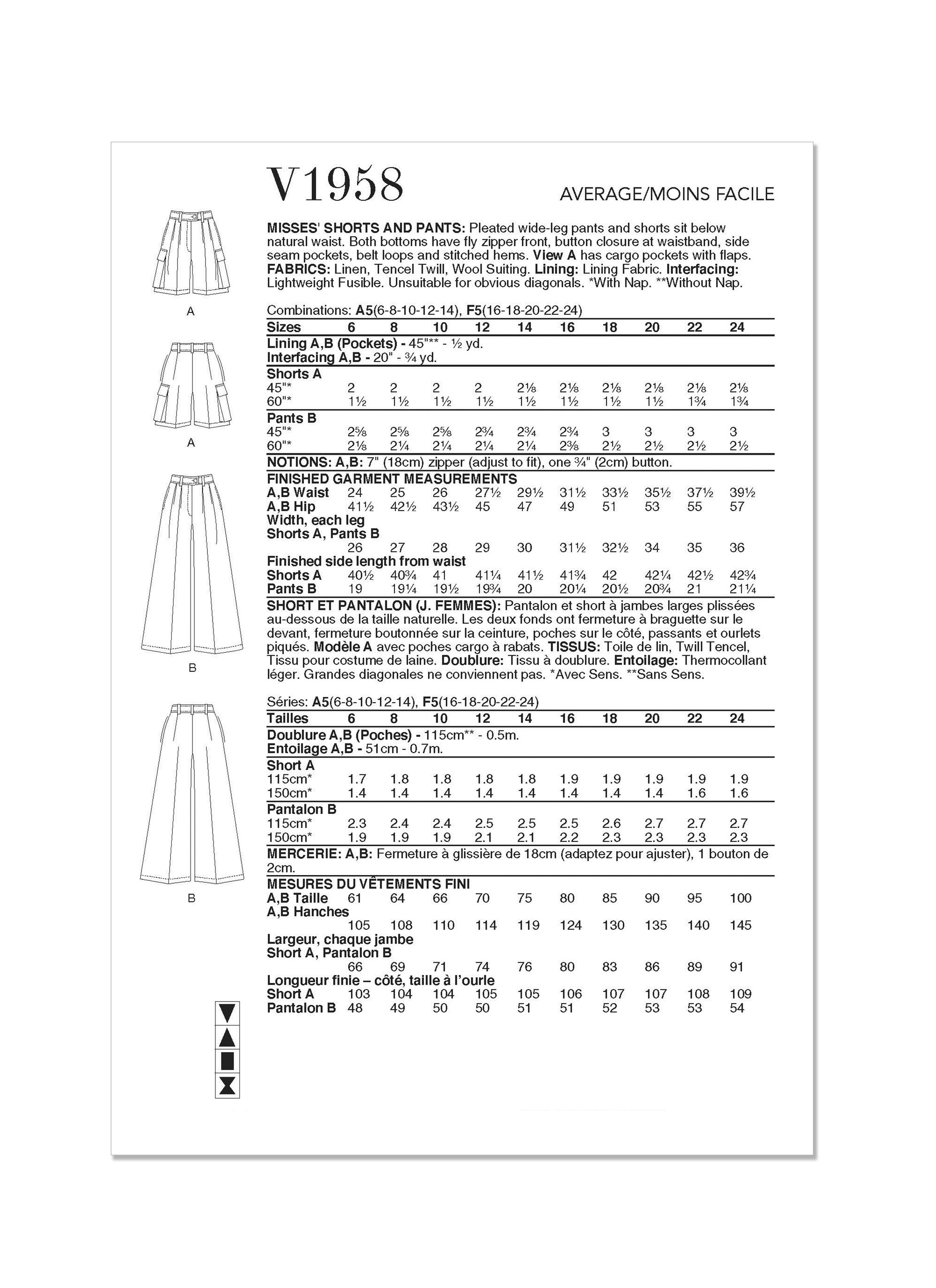 Vogue Pattern V1958 Misses Skirt/Pants