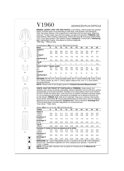 Vogue Pattern V1960 Misses Jacket, Knit Top and Pants