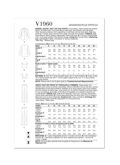 Vogue Pattern V1960 Misses Jacket, Knit Top and Pants