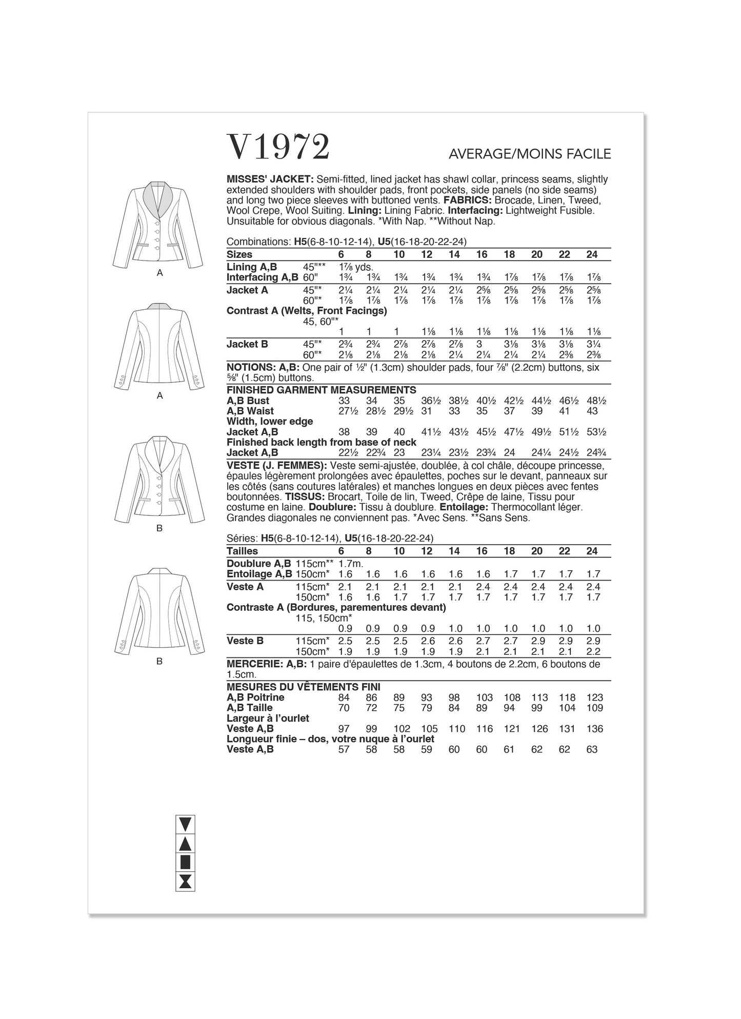 Vogue Pattern V1972 Misses' Jacket