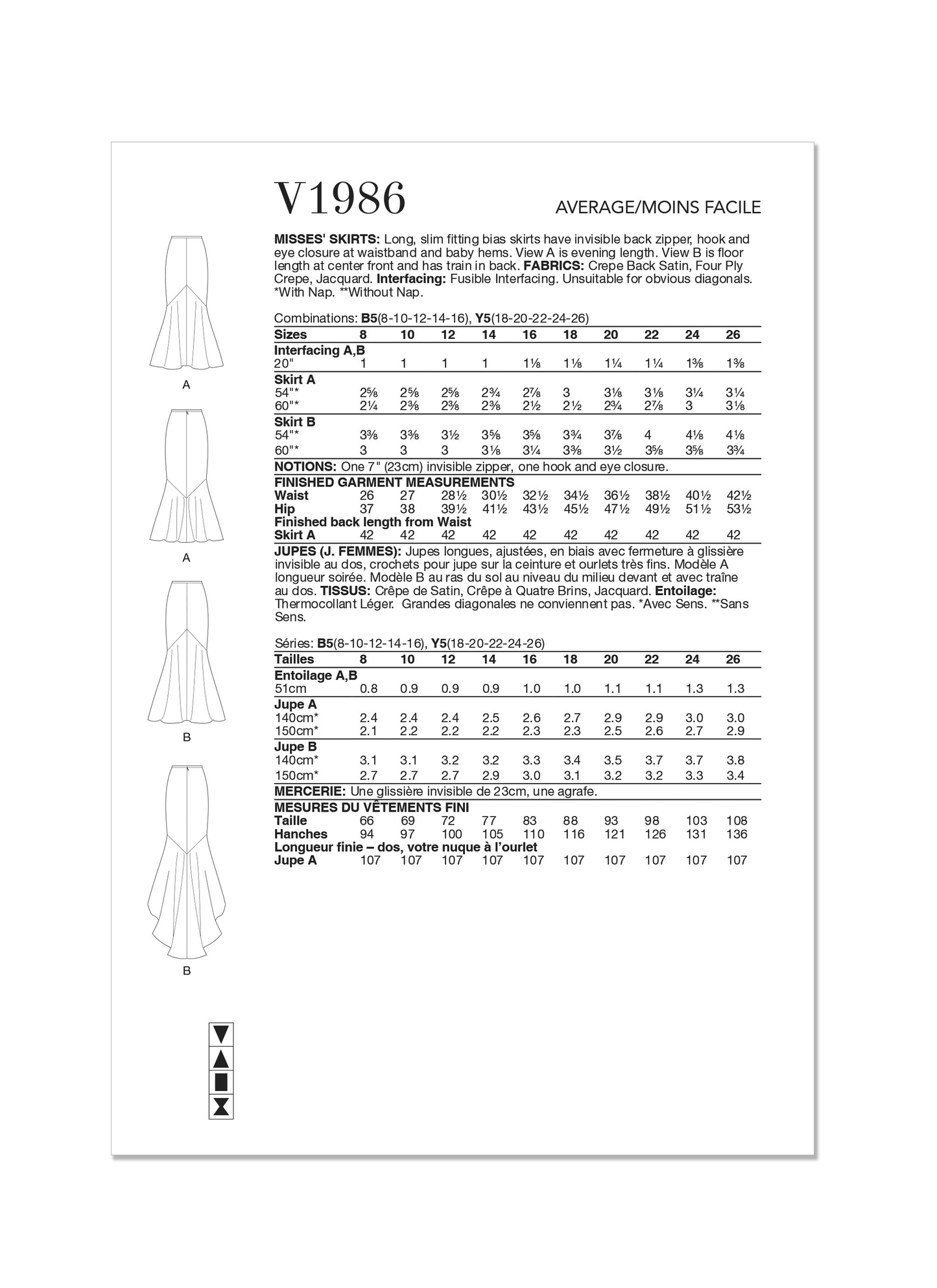 Vogue Pattern V1986 Misses' Skirt/Pants