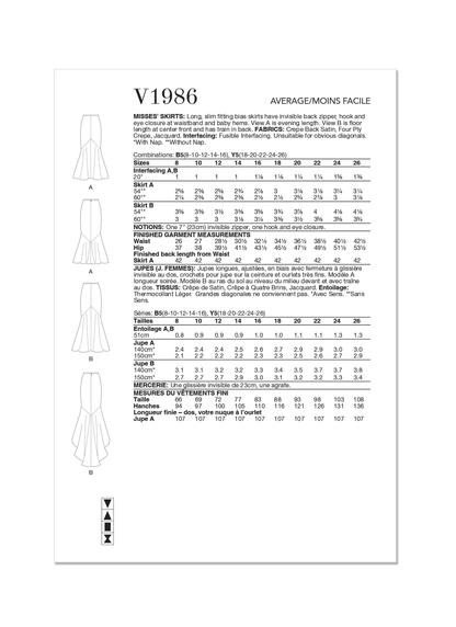 Voguepattern V1986 Misses' Skirt/Pants