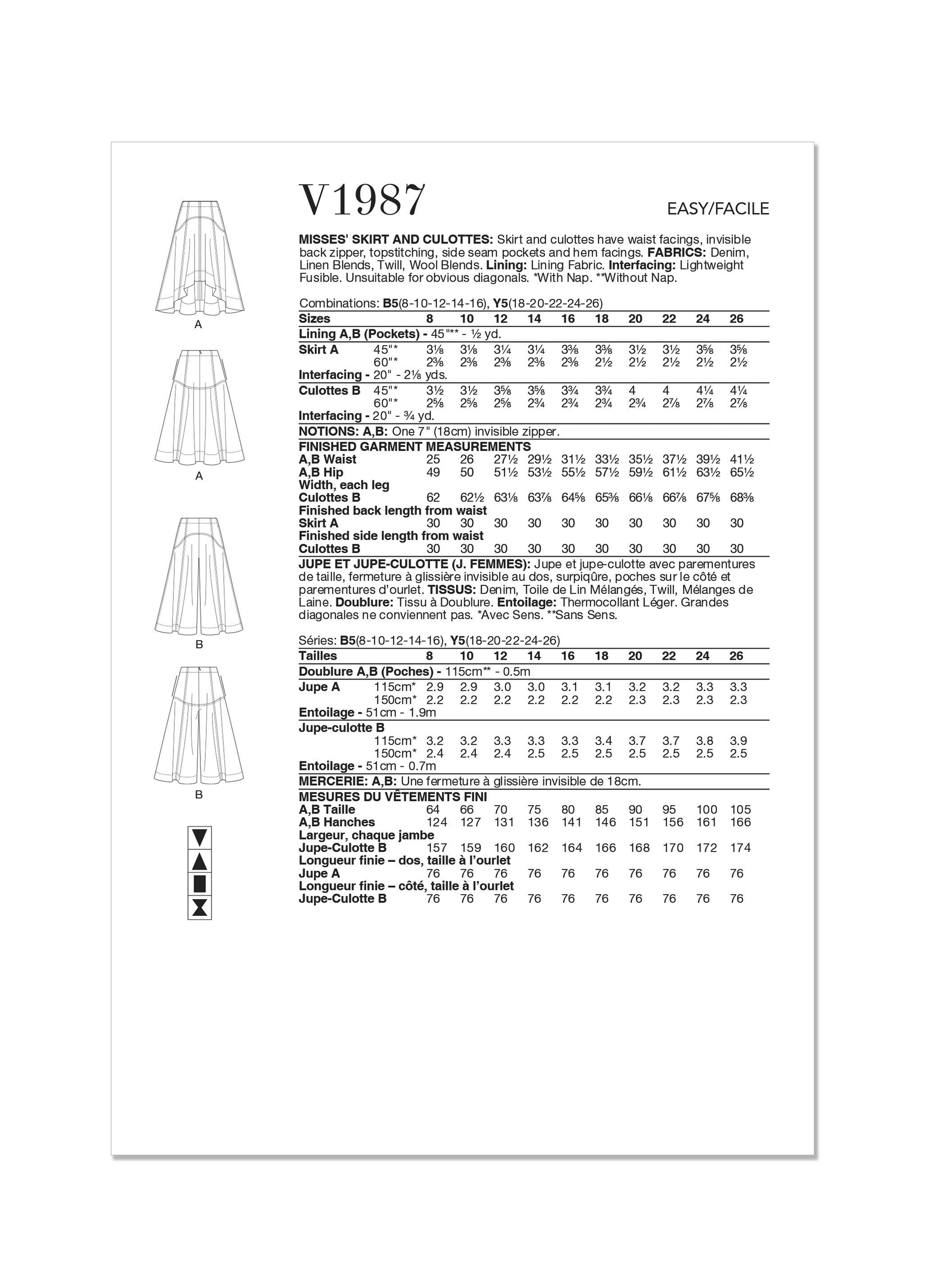 Vogue Pattern V1987 Misses' Skirt/Pants