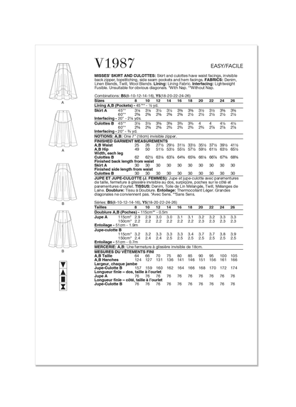 Vogue Pattern V1987 Misses' Skirt/Pants