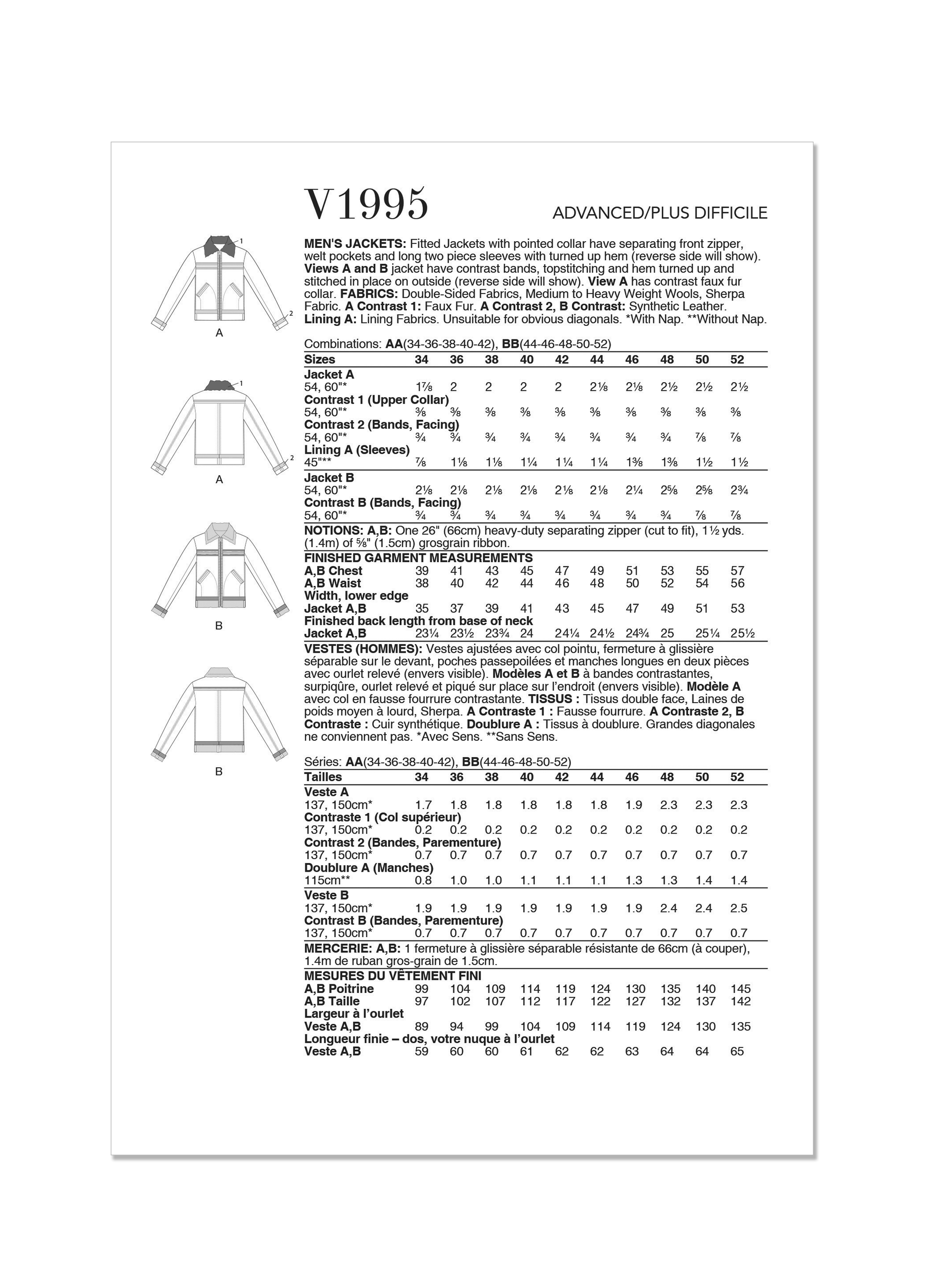 Vogue Pattern V1995 Men/Boy Jacket