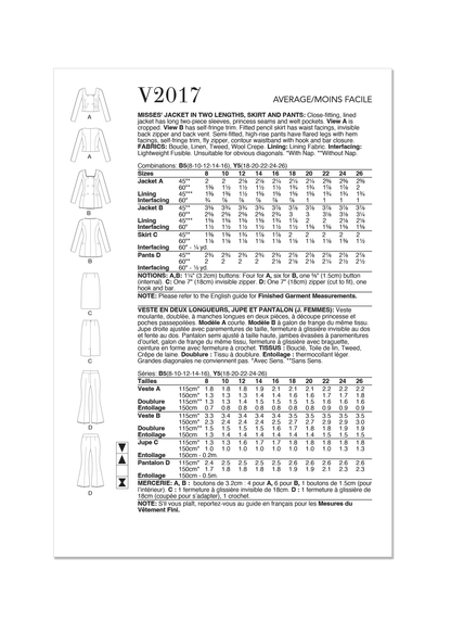 Vogue Pattern V2017 Misses' Jacket in Two Lengths, Skirt and Pants