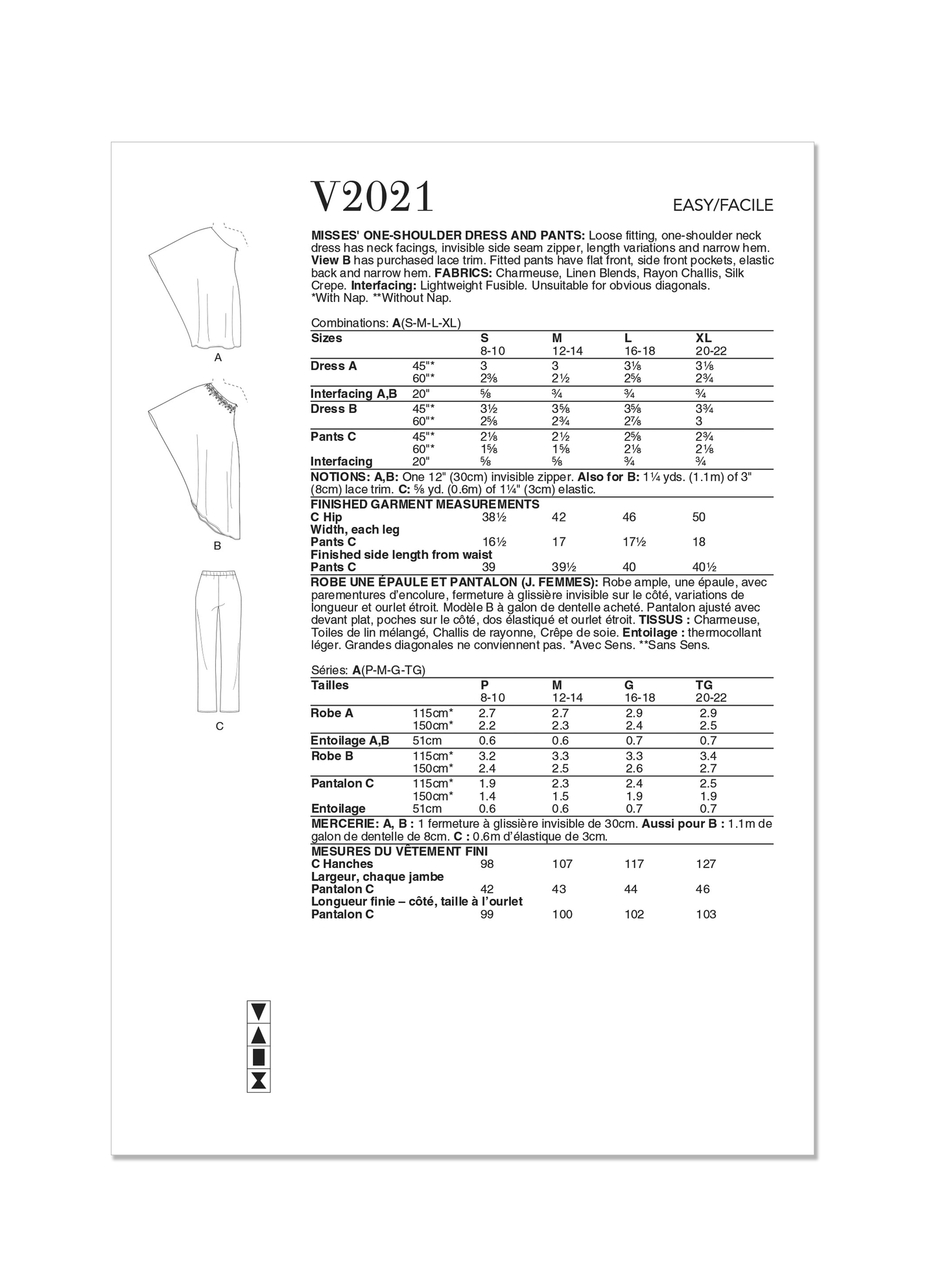 Vogue Pattern V2021 Misses' One Shoulder Dress and Pants