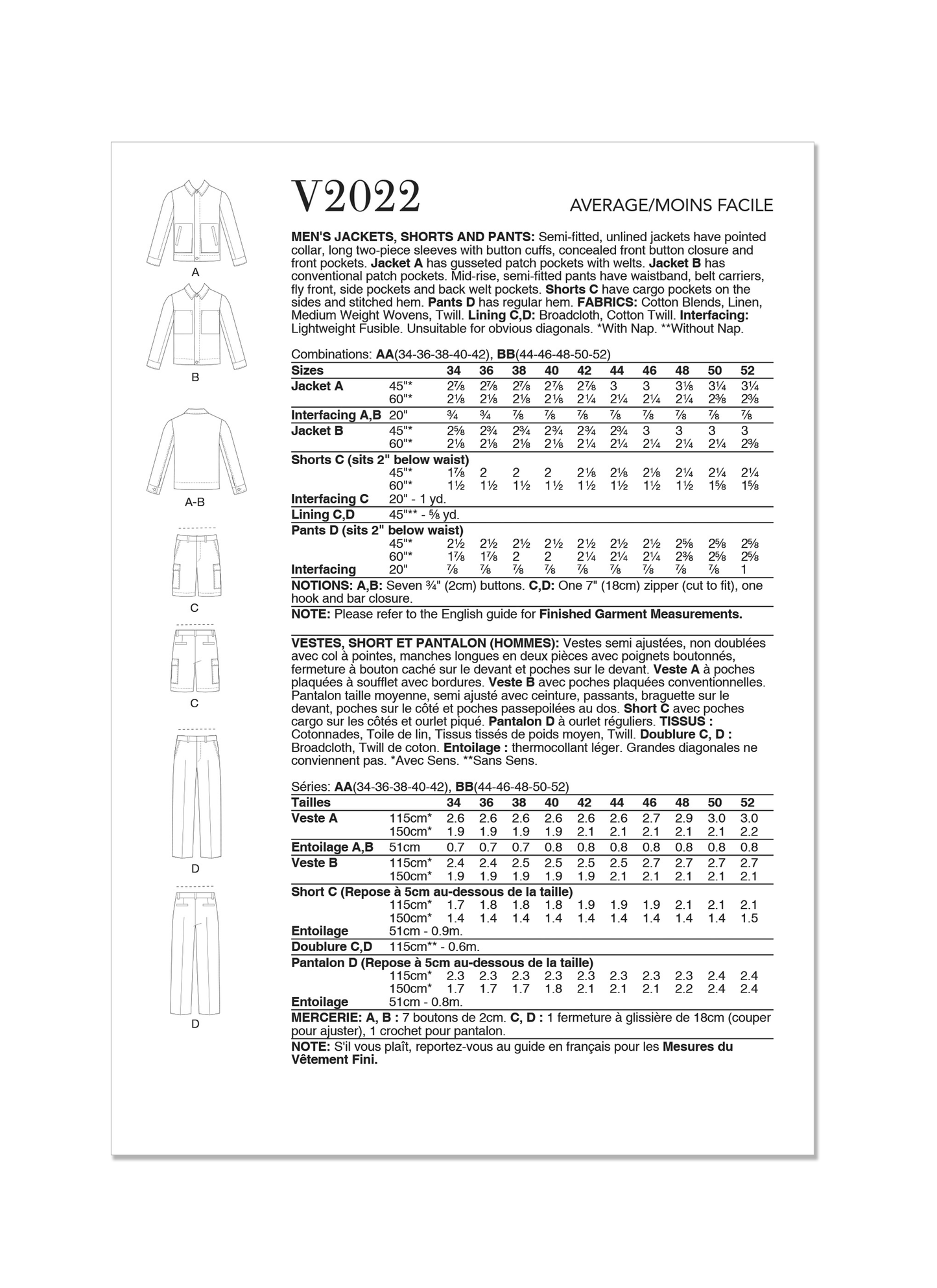 Vogue Pattern V2022 Men's Jackets, Shorts and Pants