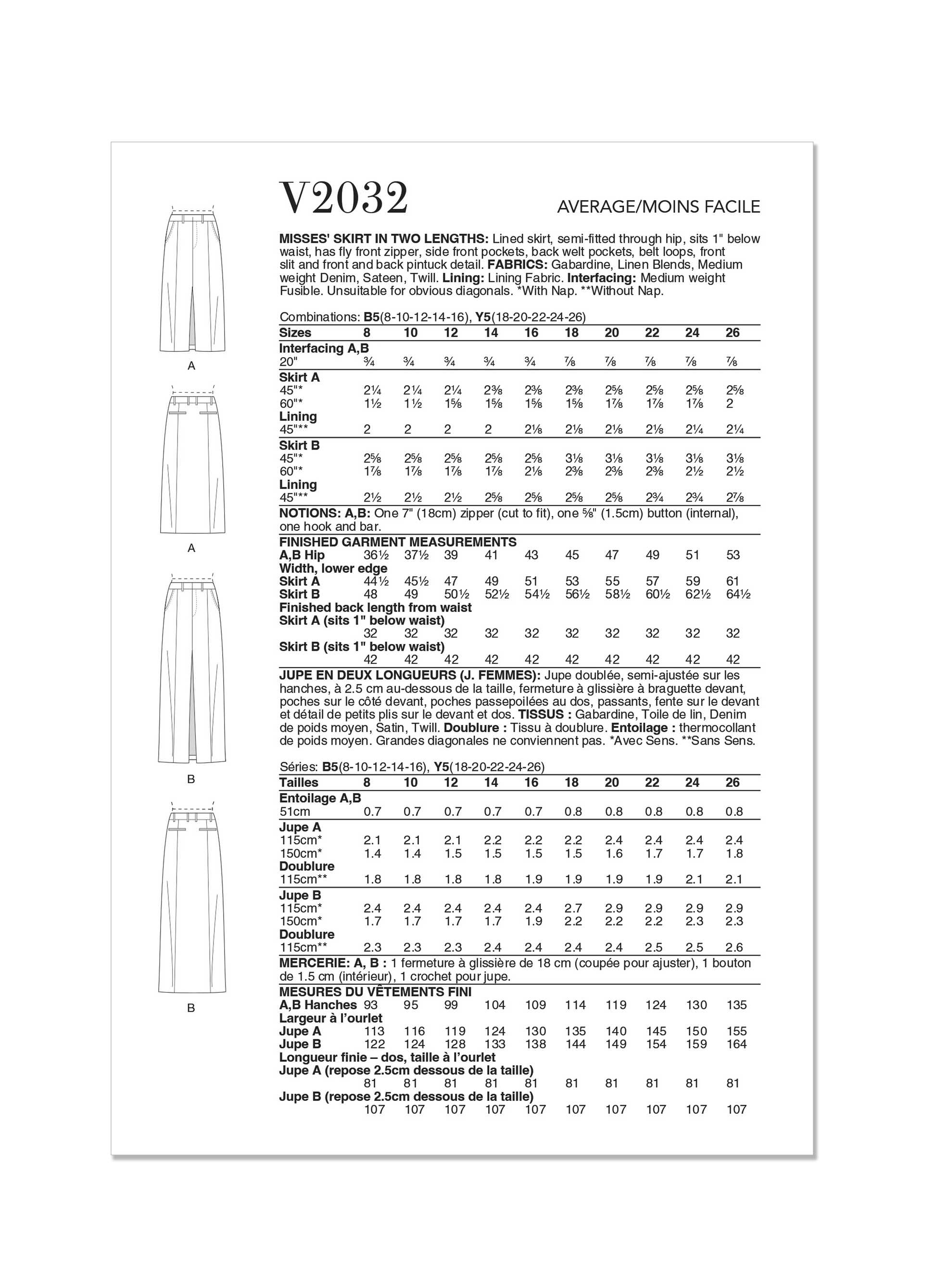 Vogue Pattern V2032 Misses Skirt Pants