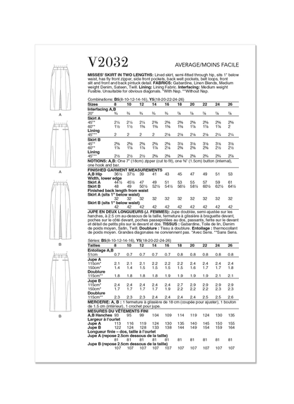 Vogue Pattern V2032 Misses Skirt Pants