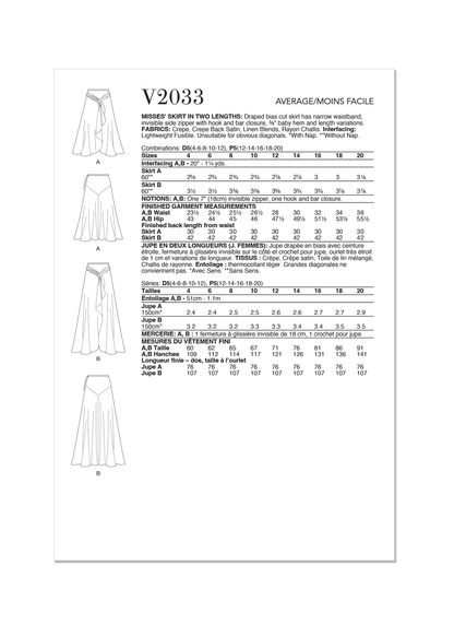 Vogue Pattern V2033 Misses' Skirt Pants