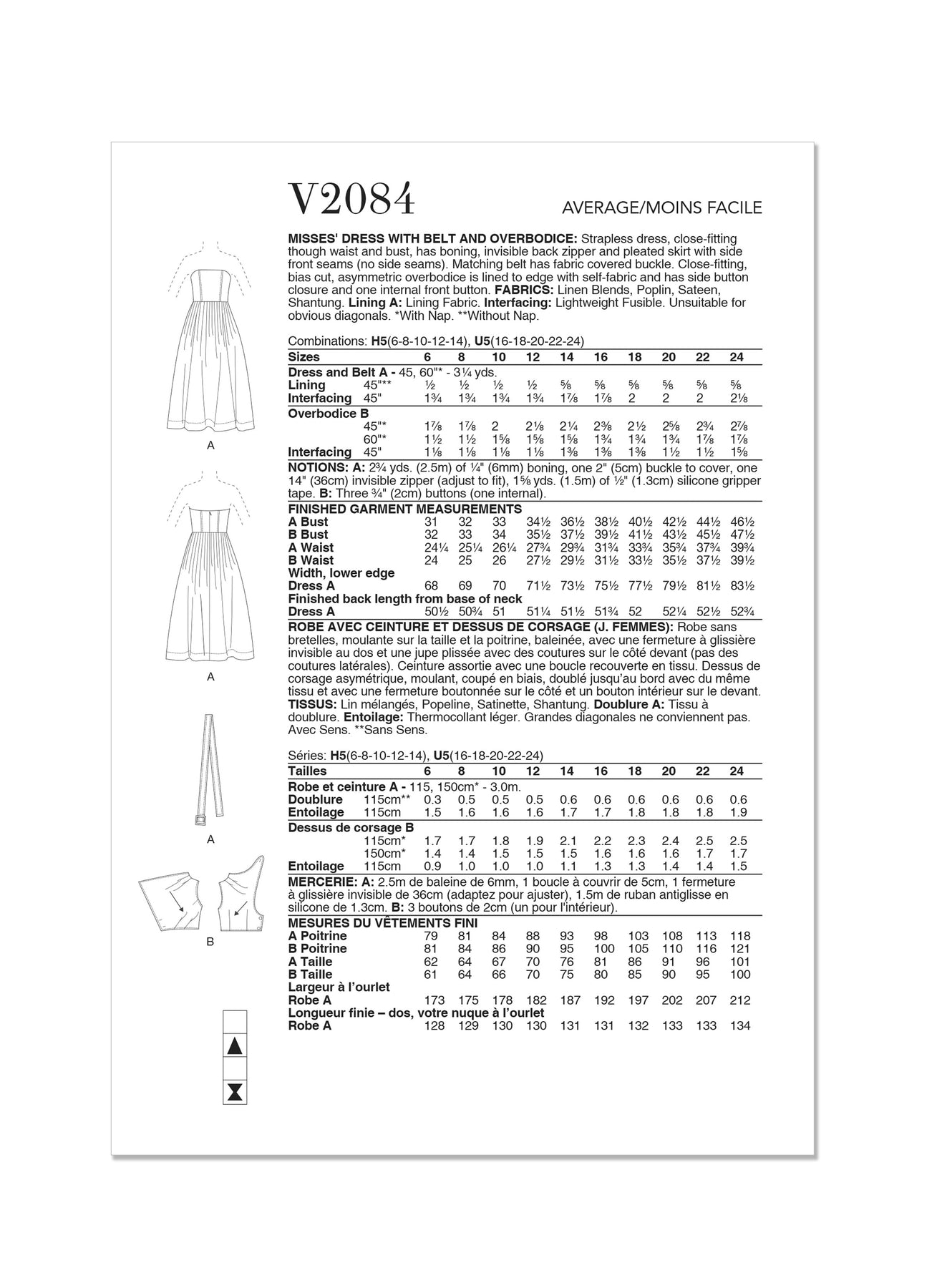 Vogue Pattern V2084 Misses' Dress with Belt and Overbodice