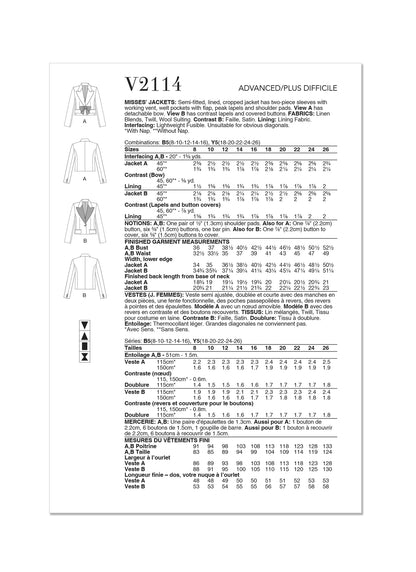 Vogue Pattern V2114 Misses' Jacket