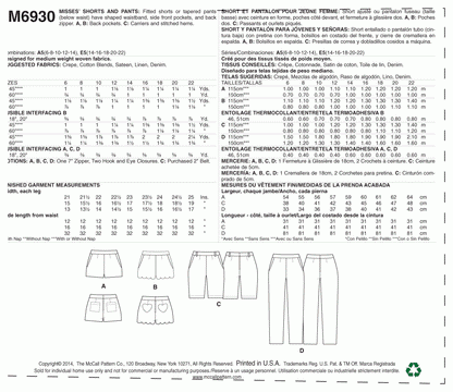McCall's Pattern M6930 Misses' Shorts and Pants