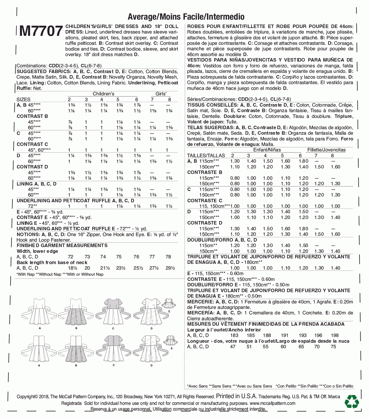 McCall's Pattern M7707 Children/Girls' Dresses and 18" Doll Dress