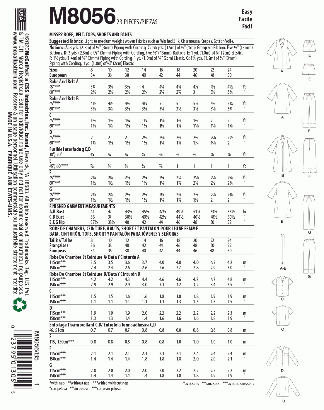 McCall's Pattern M8056 Misses' Robe, Belt, Tops, Shorts and Pants
