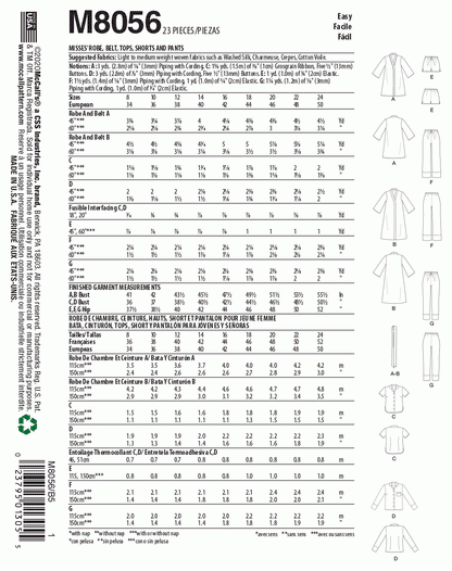 McCall's Pattern M8056 Misses' Robe, Belt, Tops, Shorts and Pants